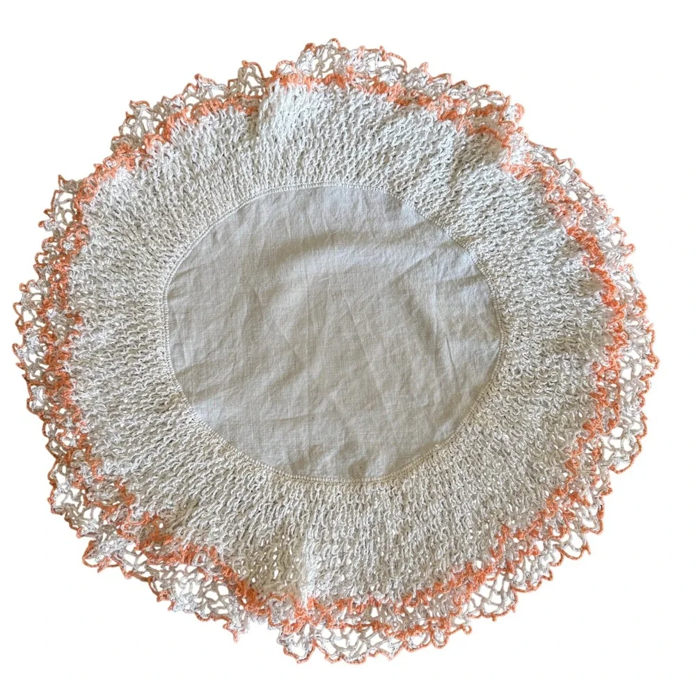 VNTG Cottagecore Shabby Chic Round Doily Peach White Crochet Layered Edge Trim